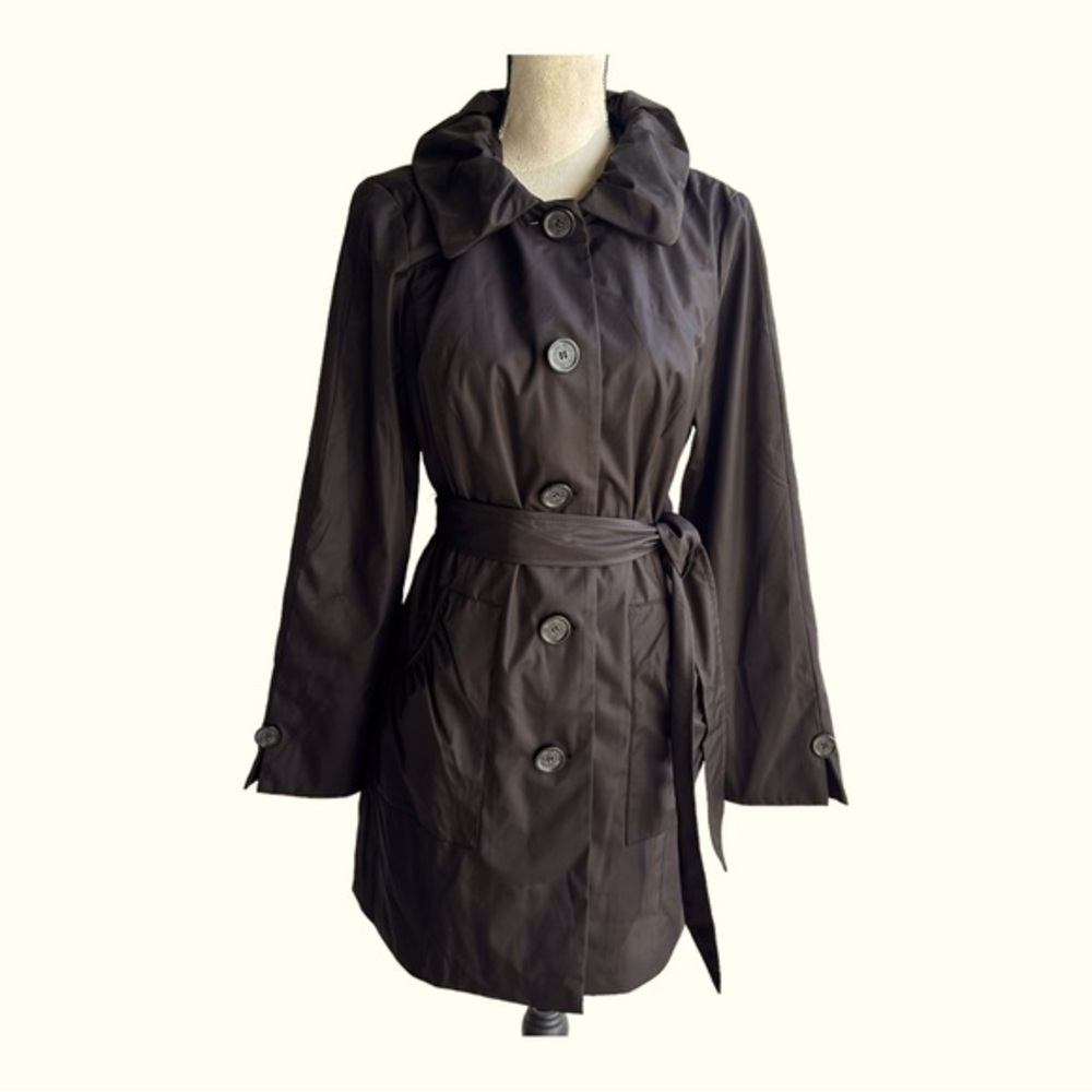 Dennis Basso Hooded‎ Trench Coat Jacket Womens Small Black Belted Ladies…